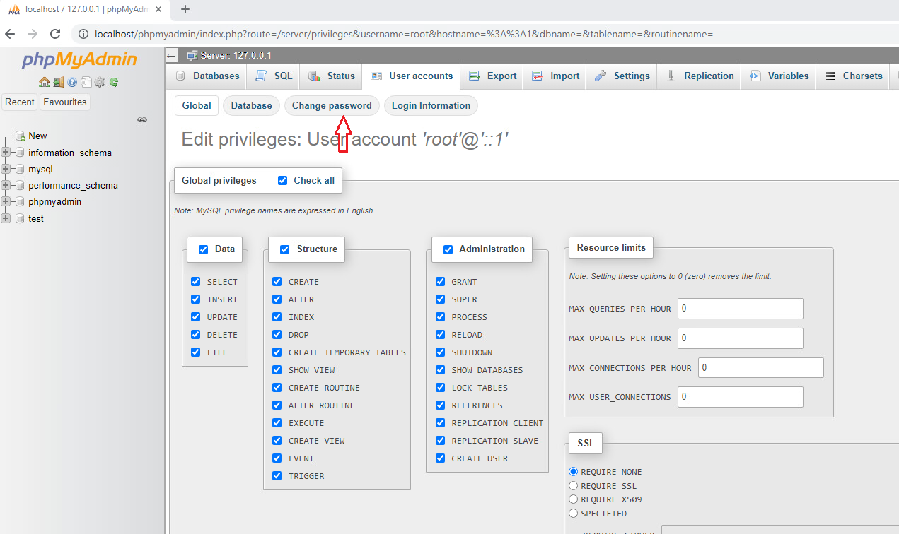 xampp phpmyadmin change password