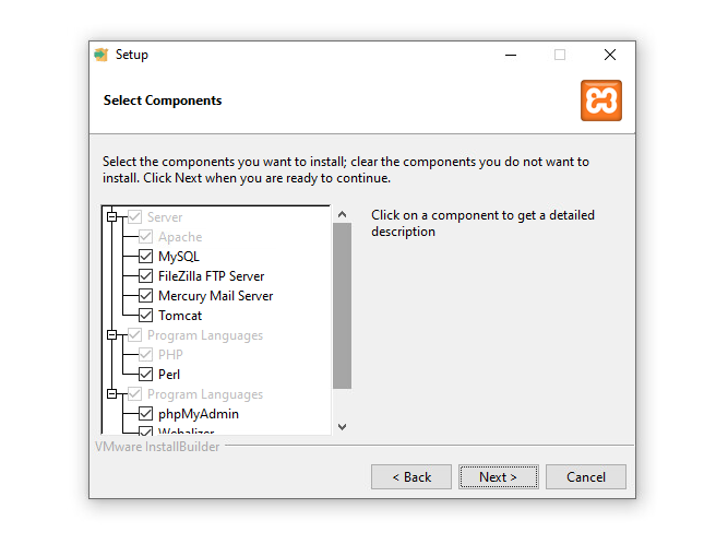 xampp select components